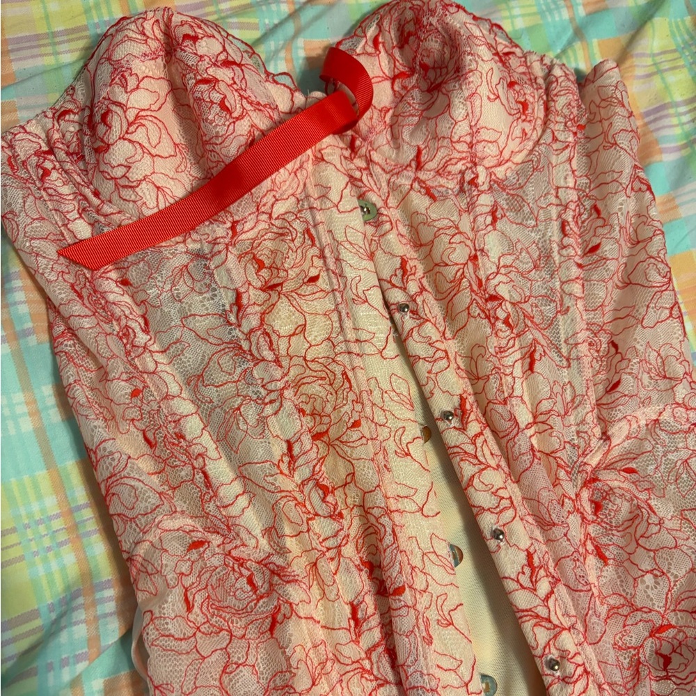 Savage X Fenty Cream and Red Lace Corset